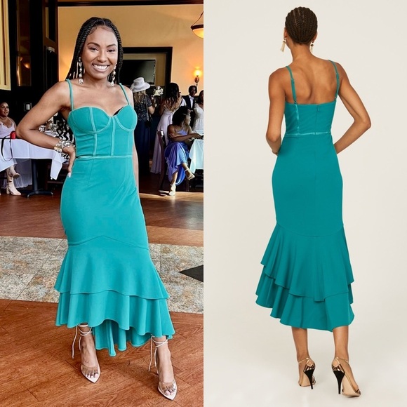 KATIE MAY Sweetheart Neck Bustier Bodice Tier Ruffle‎ Hem Bodycon Midi Dress S - Picture 2 of 8